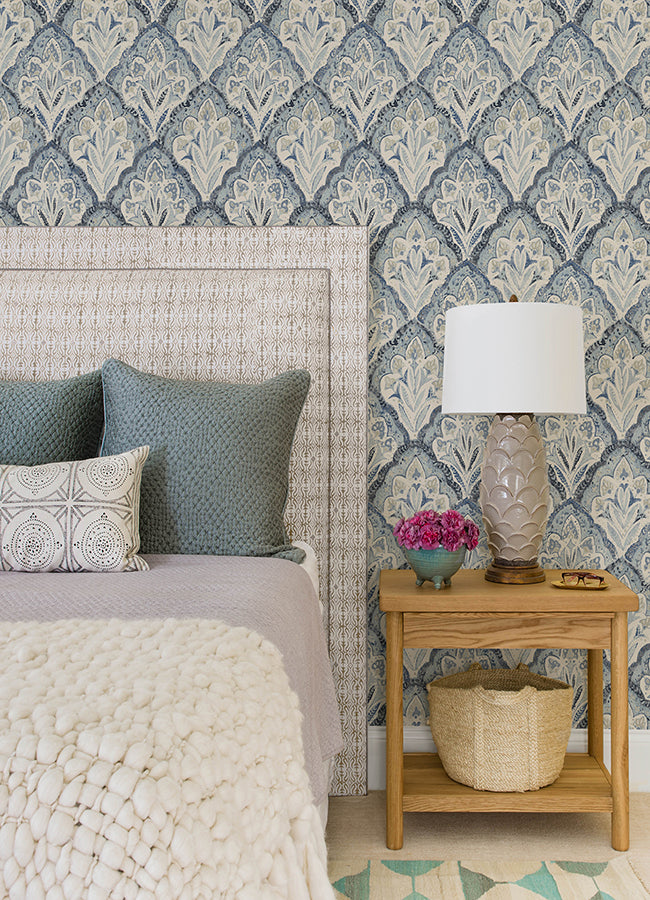 Mimir Blue Quilted Damask Wallpaper  | Brewster Wallcovering - The WorkRm