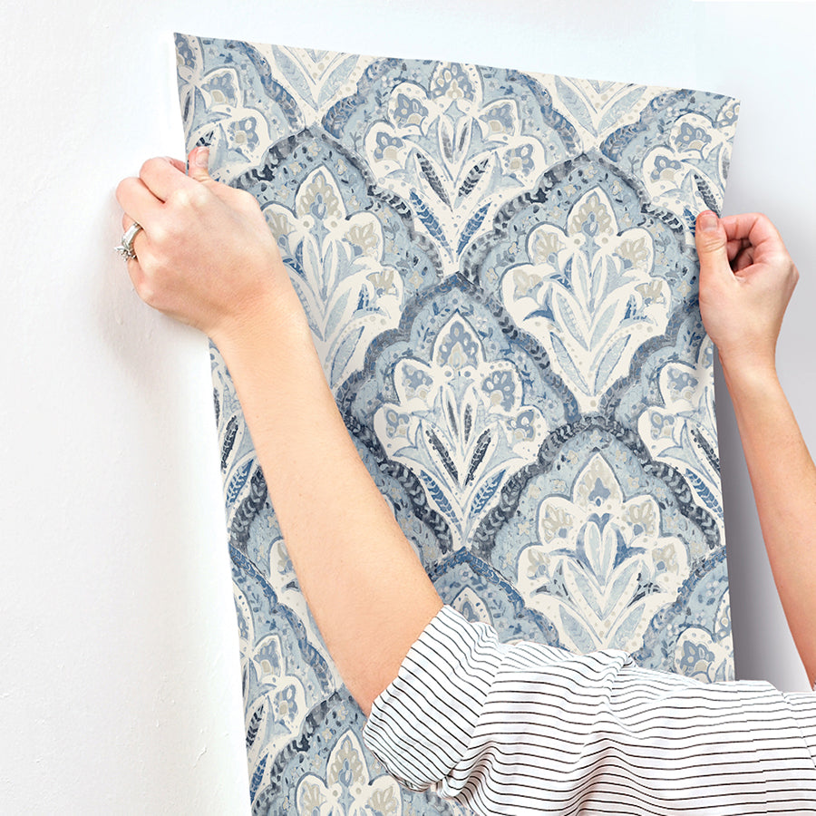 Mimir Blue Quilted Damask Wallpaper  | Brewster Wallcovering - The WorkRm