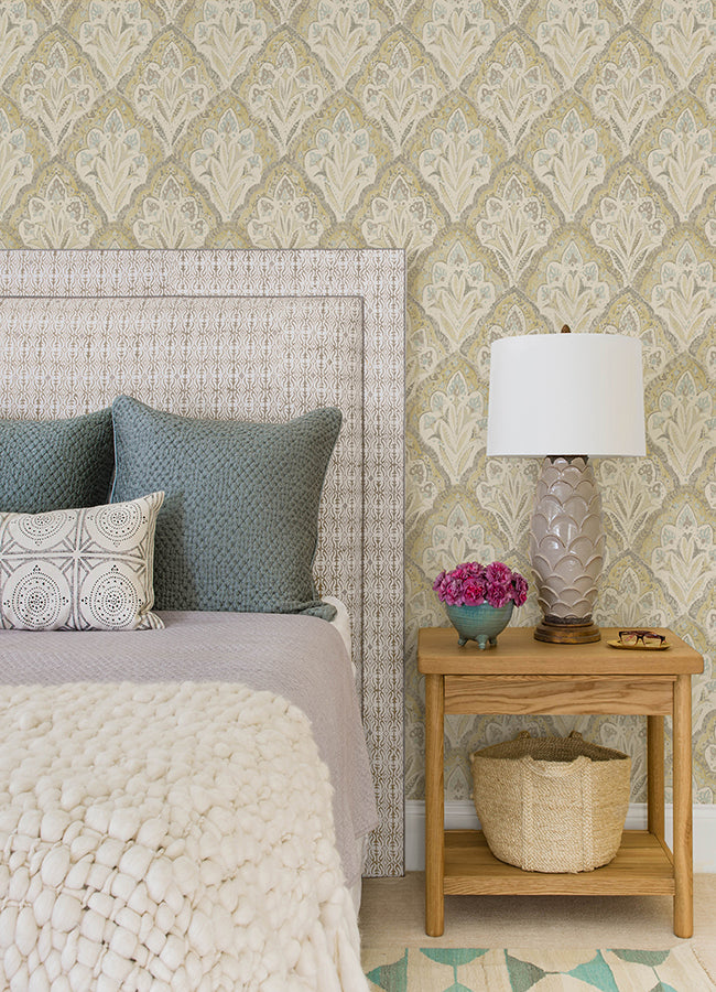 Mimir Mustard Quilted Damask Wallpaper  | Brewster Wallcovering - The WorkRm