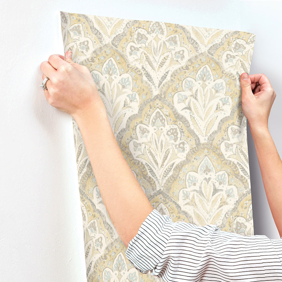 Mimir Mustard Quilted Damask Wallpaper  | Brewster Wallcovering - The WorkRm