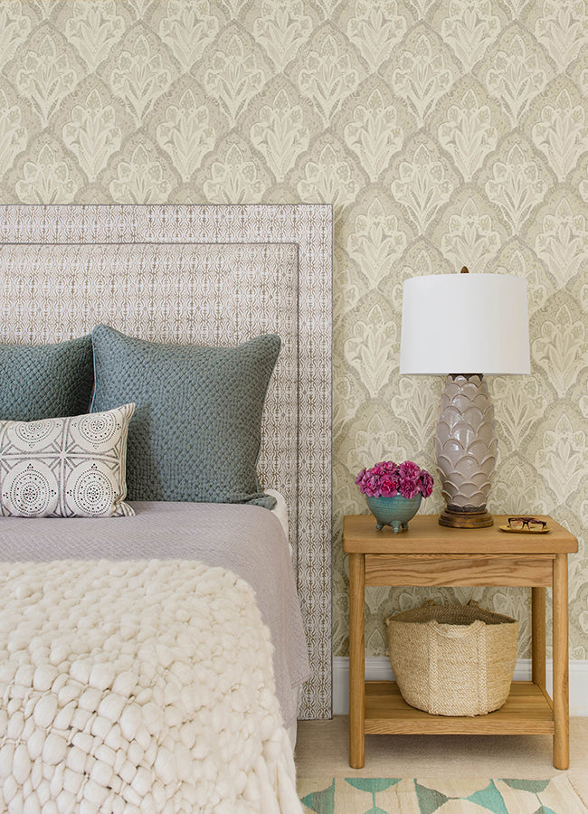 Mimir Dove Quilted Damask Wallpaper  | Brewster Wallcovering - The WorkRm