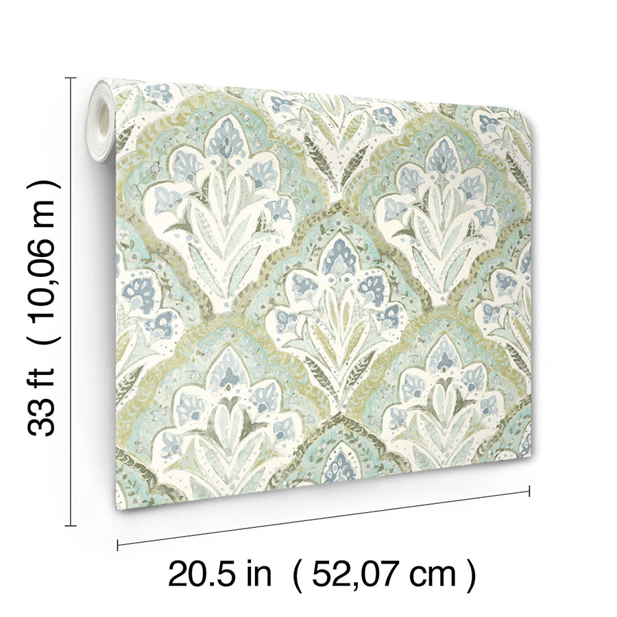 Mimir Aquamarine Quilted Damask Wallpaper  | Brewster Wallcovering - The WorkRm