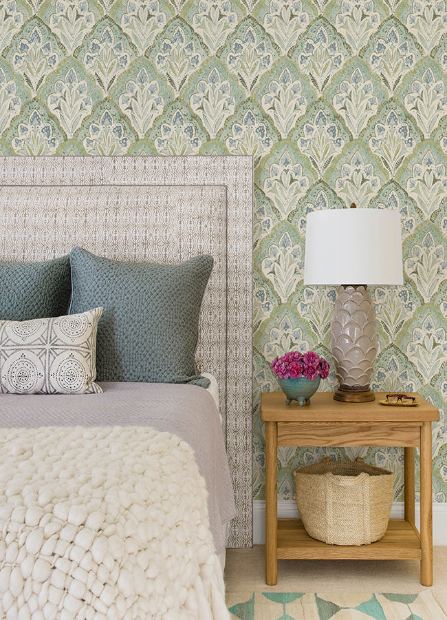 Mimir Aquamarine Quilted Damask Wallpaper  | Brewster Wallcovering - The WorkRm