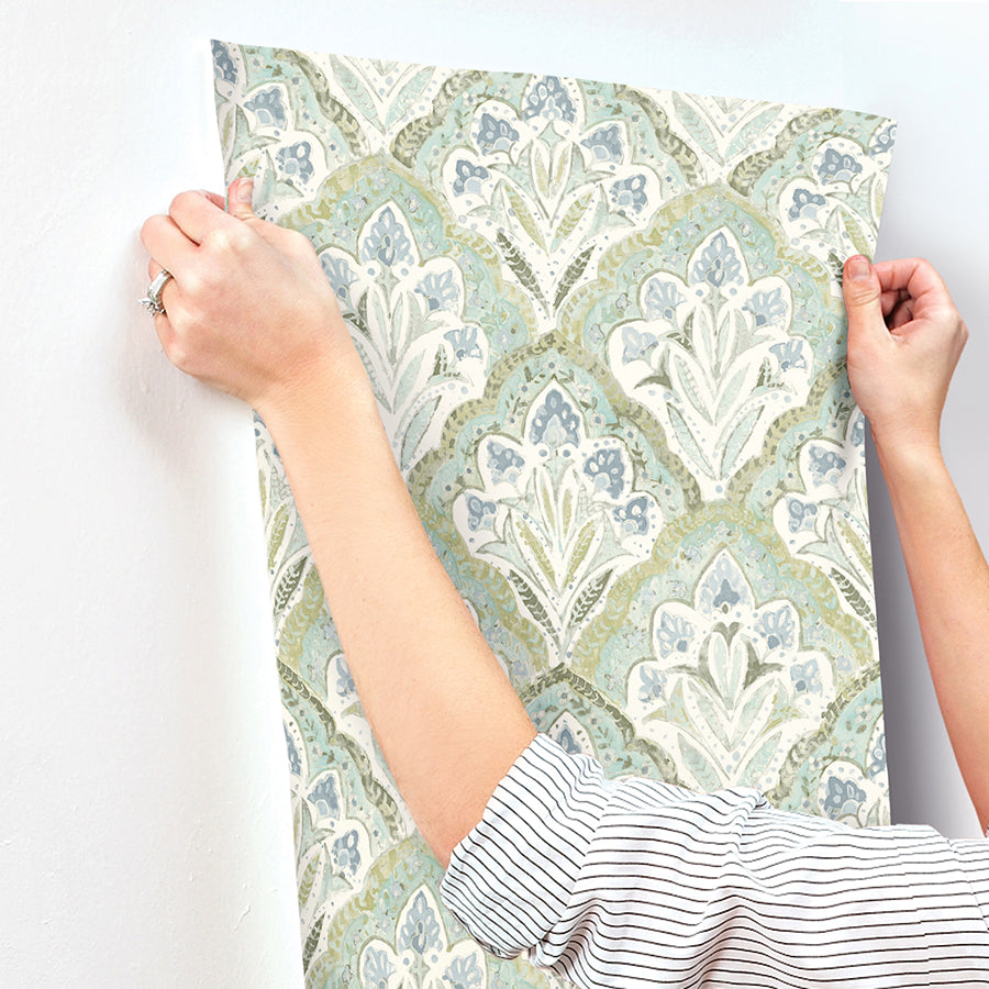 Mimir Aquamarine Quilted Damask Wallpaper  | Brewster Wallcovering - The WorkRm