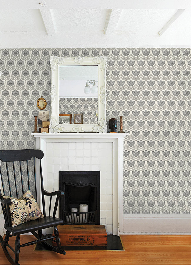 Cathal Charcoal Tulip Block Print Wallpaper - Brewster Wallcovering