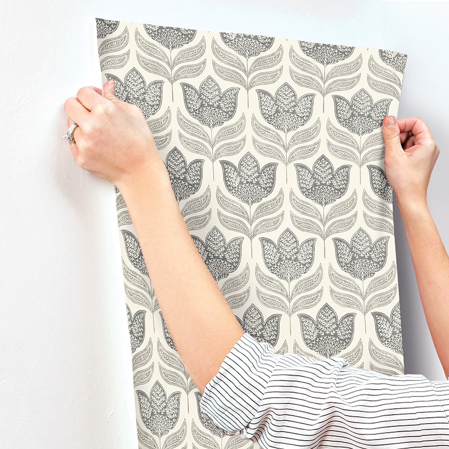 Cathal Charcoal Tulip Block Print Wallpaper - Brewster Wallcovering