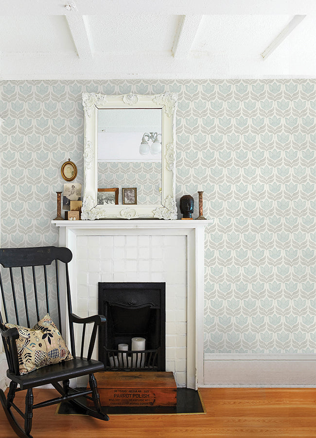 Cathal Aqua Tulip Block Print Wallpaper  | Brewster Wallcovering - The WorkRm