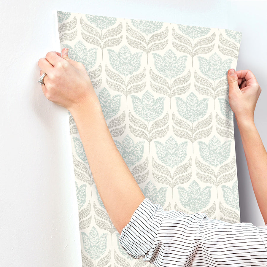 Cathal Aqua Tulip Block Print Wallpaper  | Brewster Wallcovering - The WorkRm