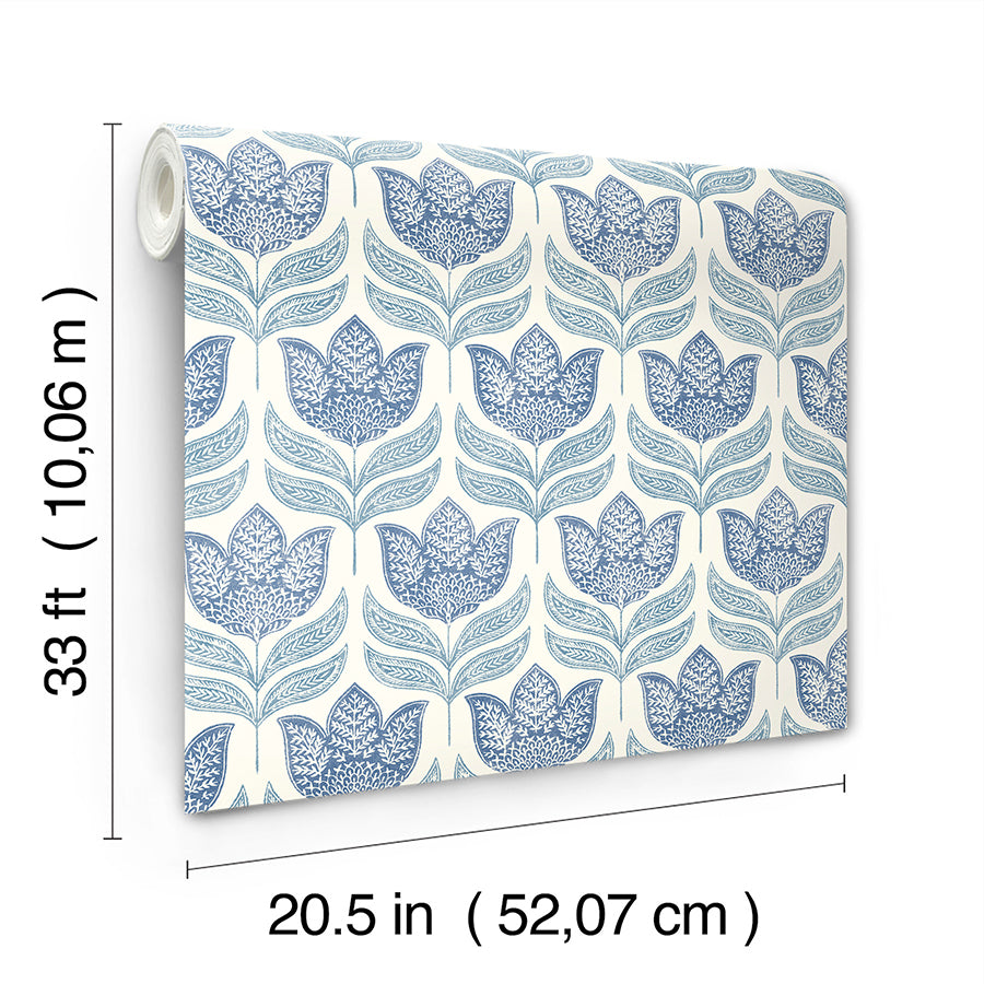 Cathal Blue Tulip Block Print Wallpaper  | Brewster Wallcovering - The WorkRm