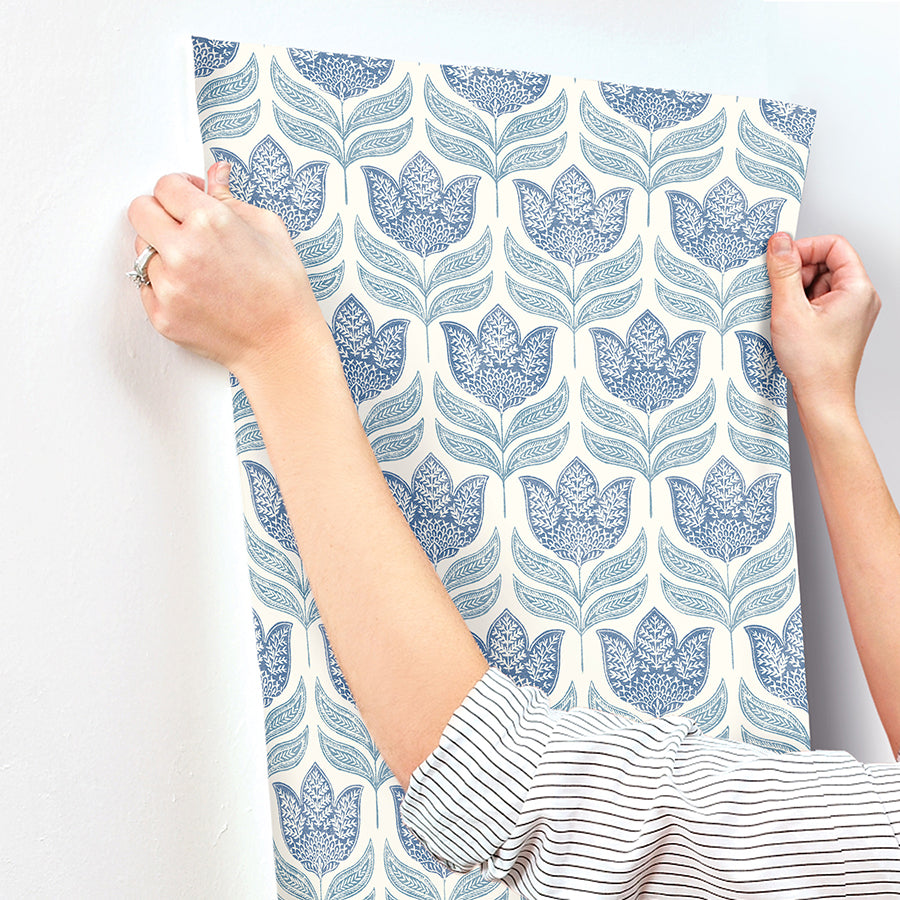 Cathal Blue Tulip Block Print Wallpaper - Brewster Wallcovering