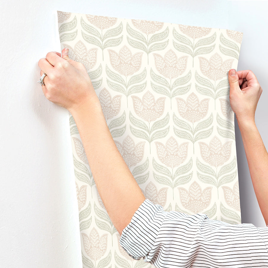 Cathal Blush Tulip Block Print Wallpaper  | Brewster Wallcovering - The WorkRm