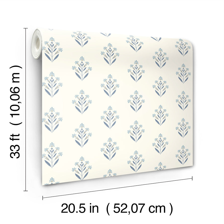 Kova Blue Floral Crest Wallpaper  | Brewster Wallcovering - The WorkRm