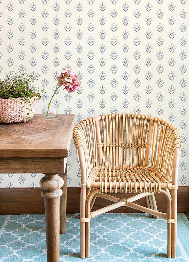 Kova Blue Floral Crest Wallpaper  | Brewster Wallcovering - The WorkRm