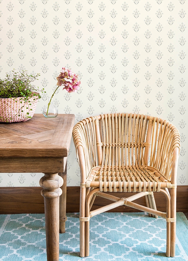 Kova Light Blue Floral Crest Wallpaper  | Brewster Wallcovering - The WorkRm