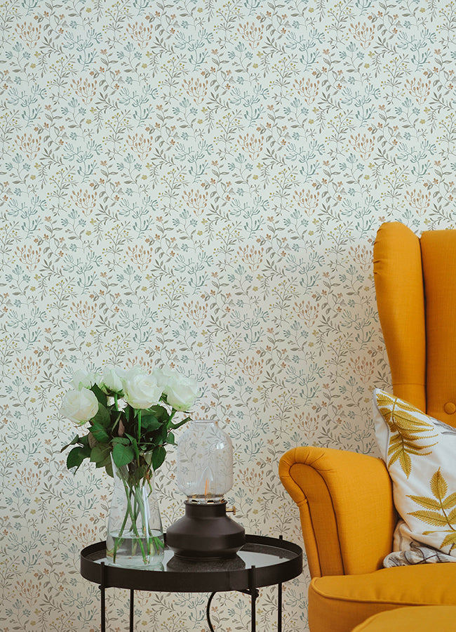 Tarragon Pastel Dainty Meadow Wallpaper - Brewster Wallcovering