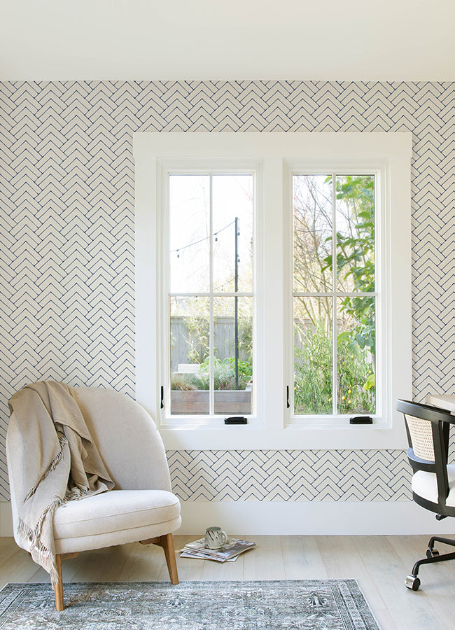 Oswin Navy Tiered Herringbone Wallpaper  | Brewster Wallcovering - The WorkRm