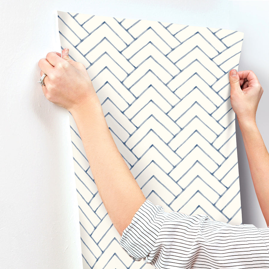 Oswin Navy Tiered Herringbone Wallpaper  | Brewster Wallcovering - The WorkRm