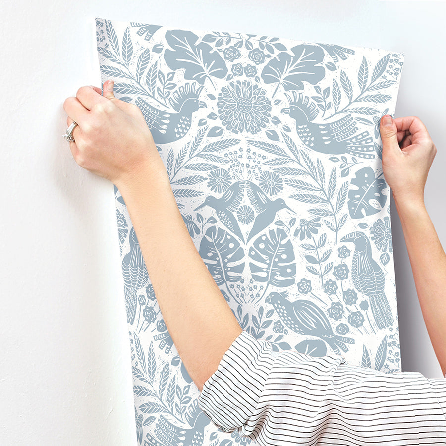 Nestle Blue Bird Block Print Wallpaper  | Brewster Wallcovering - The WorkRm