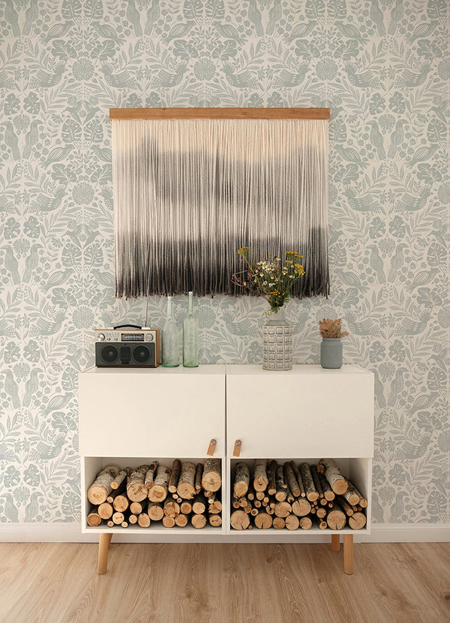 Nestle Light Grey Bird Block Print Wallpaper - Brewster Wallcovering