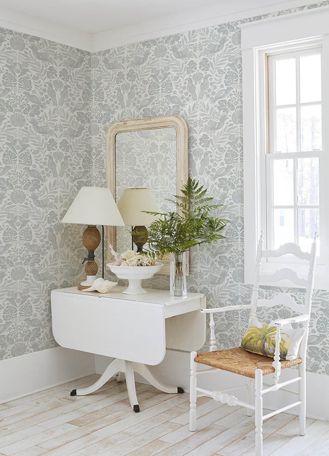 Nestle Light Grey Bird Block Print Wallpaper - Brewster Wallcovering