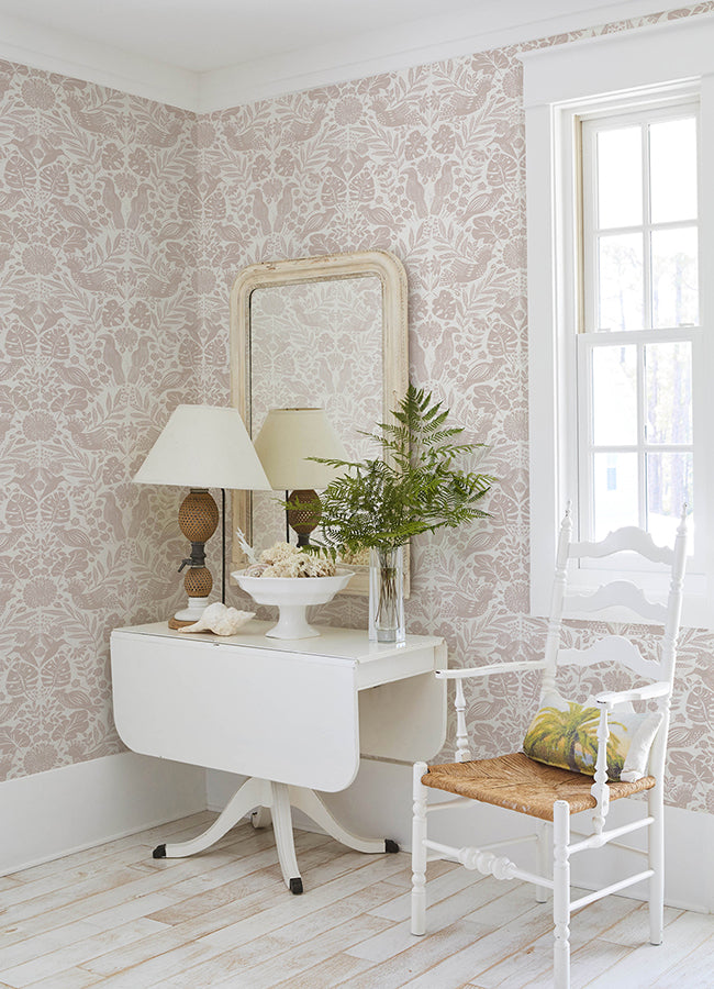 Nestle Pink Bird Block Print Wallpaper  | Brewster Wallcovering - The WorkRm