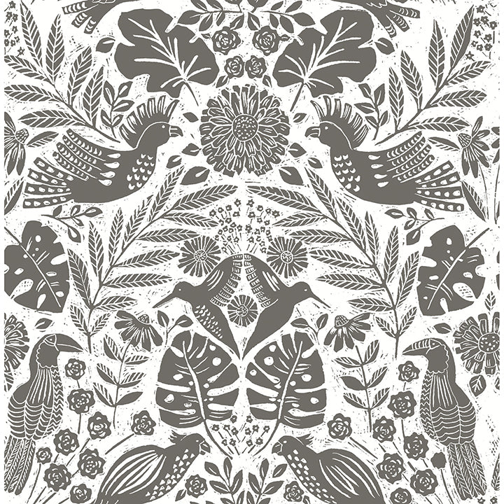 Picture of Nestle Charcoal Bird Block Print Wallpaper