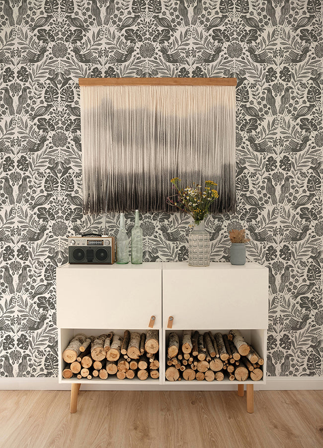 Nestle Charcoal Bird Block Print Wallpaper  | Brewster Wallcovering - The WorkRm