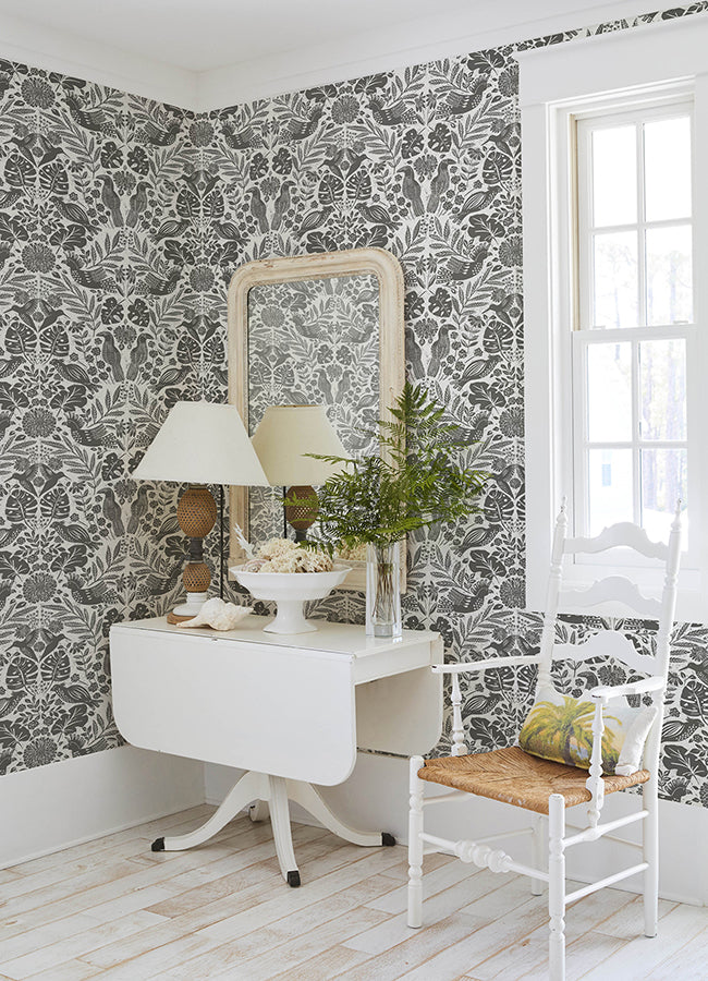 Nestle Charcoal Bird Block Print Wallpaper  | Brewster Wallcovering - The WorkRm