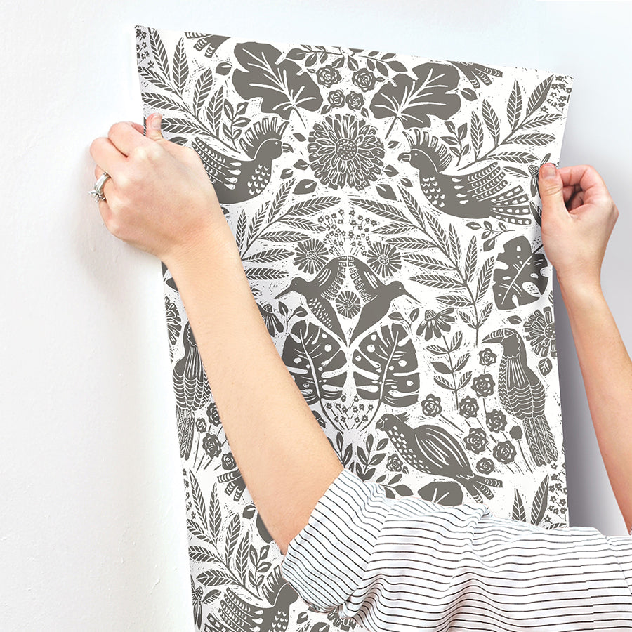 Nestle Charcoal Bird Block Print Wallpaper  | Brewster Wallcovering - The WorkRm