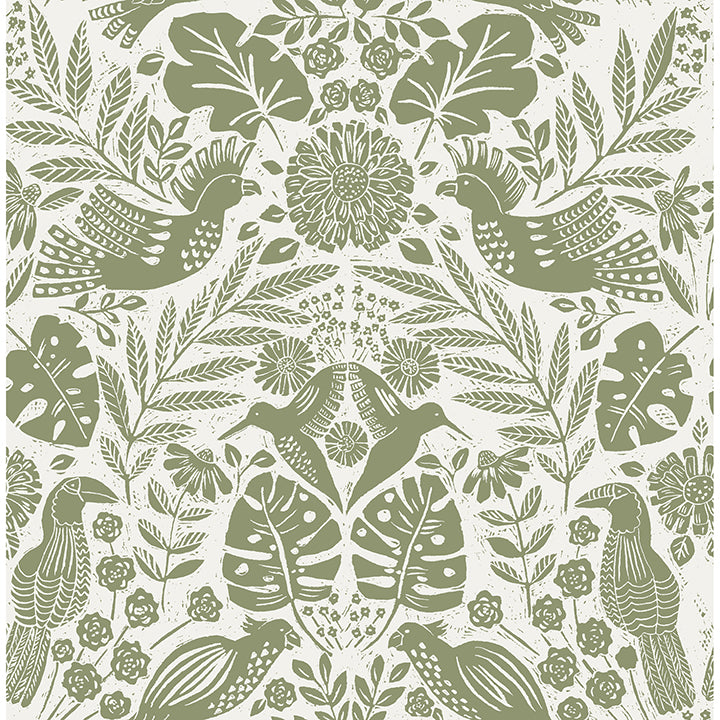 Picture of Nestle Green Bird Block Print Wallpaper