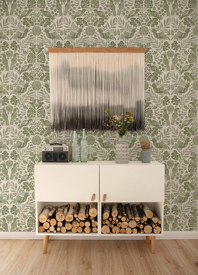 Nestle Green Bird Block Print Wallpaper  | Brewster Wallcovering - The WorkRm