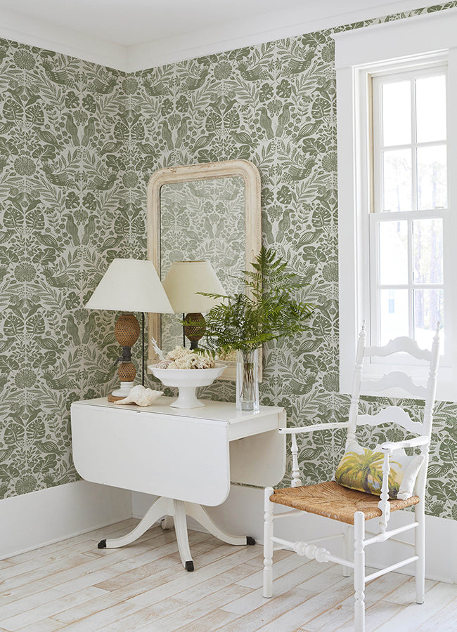 Nestle Green Bird Block Print Wallpaper - Brewster Wallcovering