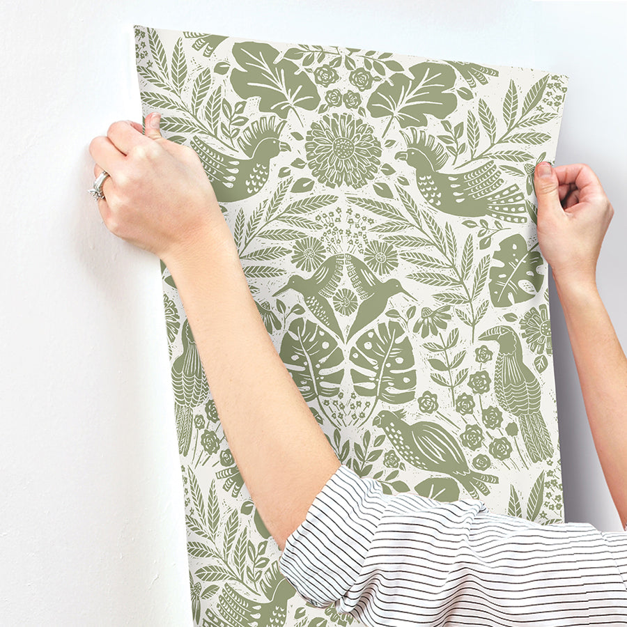 Nestle Green Bird Block Print Wallpaper  | Brewster Wallcovering - The WorkRm