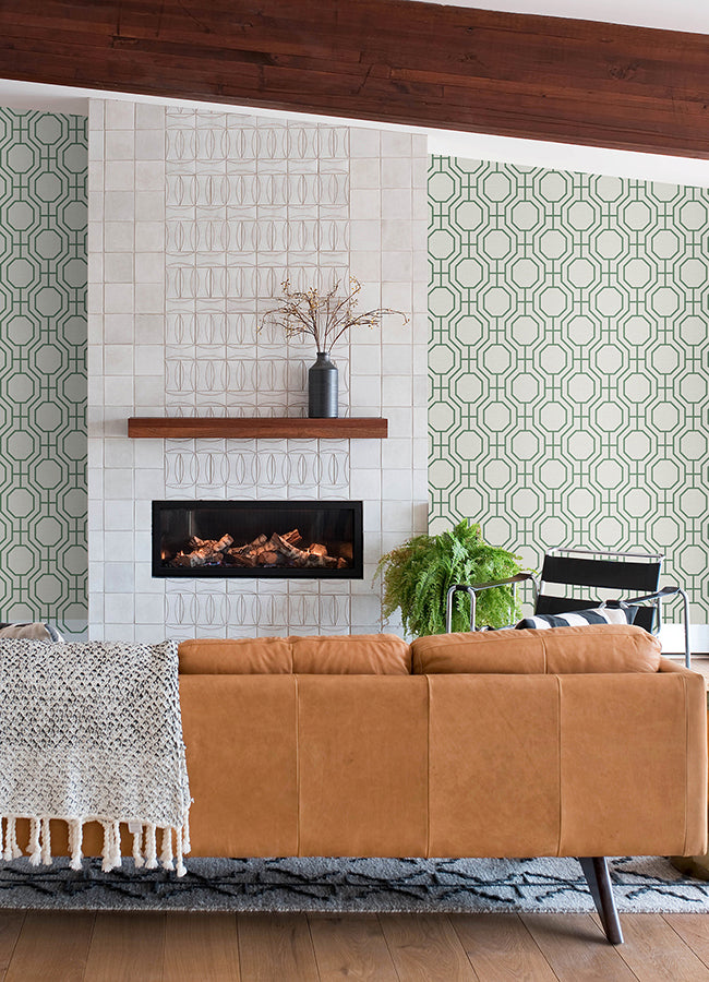 Manor Green Geometric Trellis Wallpaper  | Brewster Wallcovering