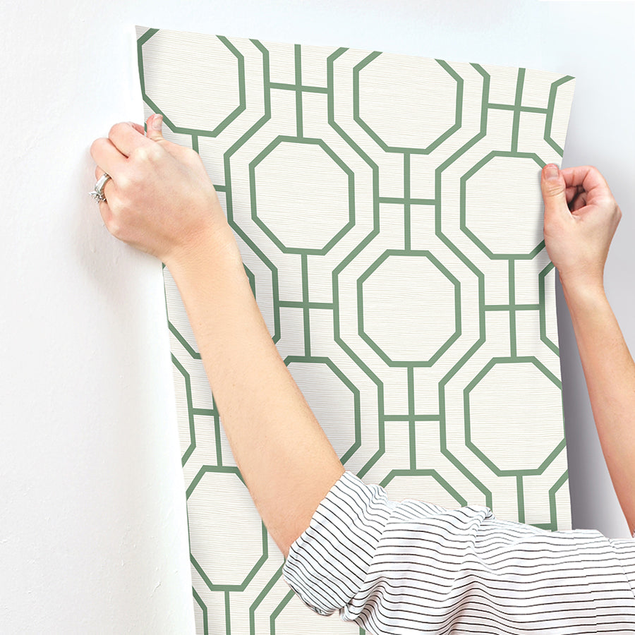 Manor Green Geometric Trellis Wallpaper - Brewster Wallcovering