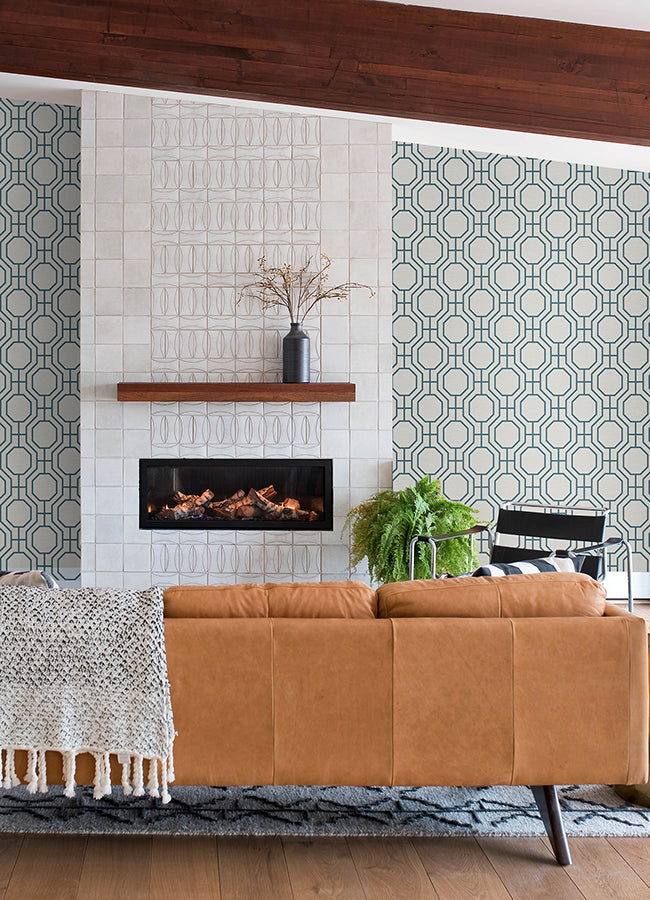 Manor Blue Geometric Trellis Wallpaper - Brewster Wallcovering