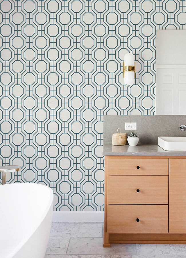 Manor Blue Geometric Trellis Wallpaper - Brewster Wallcovering