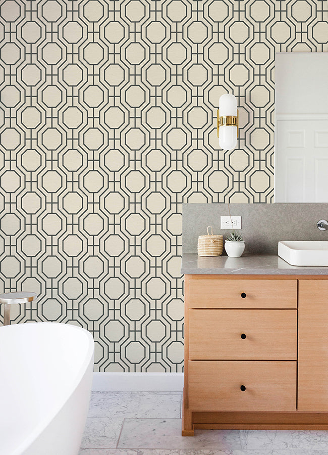 Manor Black Geometric Trellis Wallpaper - Brewster Wallcovering