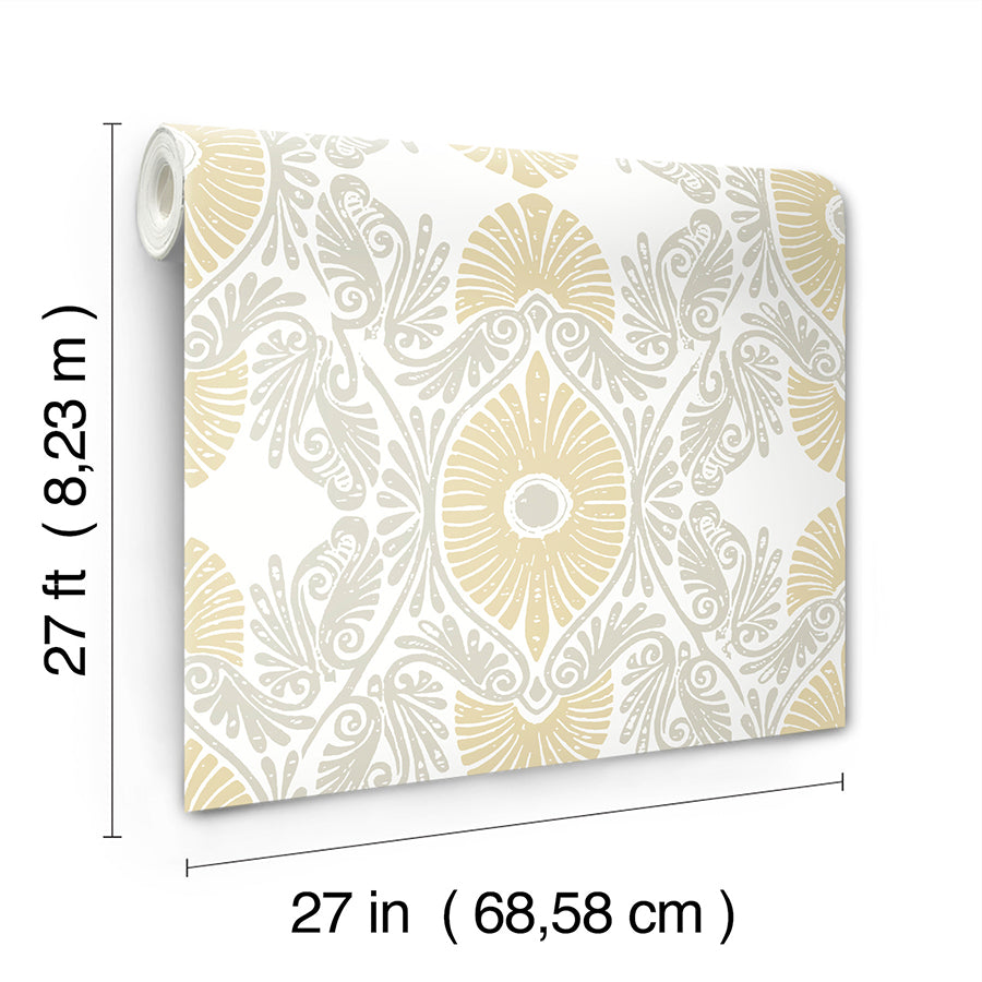 Villa Light Yellow Embellished Ogee Wallpaper - Brewster Wallcovering