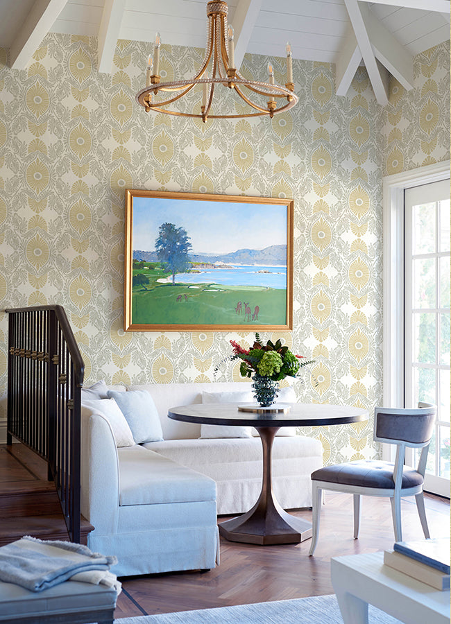 Villa Light Yellow Embellished Ogee Wallpaper  | Brewster Wallcovering - The WorkRm