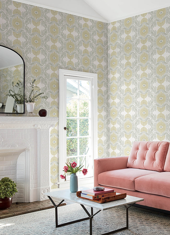 Villa Light Yellow Embellished Ogee Wallpaper  | Brewster Wallcovering - The WorkRm