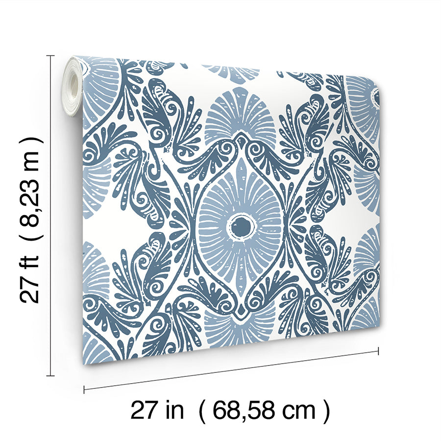 Villa Blue Embellished Ogee Wallpaper  | Brewster Wallcovering - The WorkRm