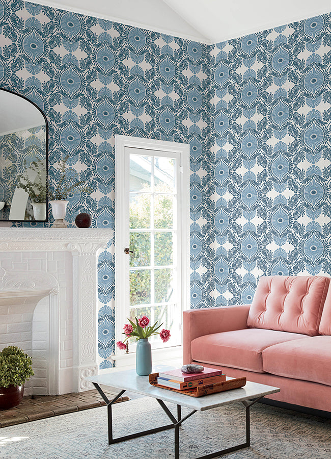 Villa Blue Embellished Ogee Wallpaper  | Brewster Wallcovering - The WorkRm