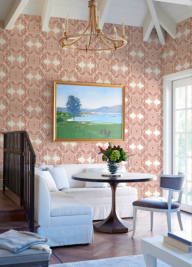 Villa Raspberry Embellished Ogee Wallpaper  | Brewster Wallcovering - The WorkRm