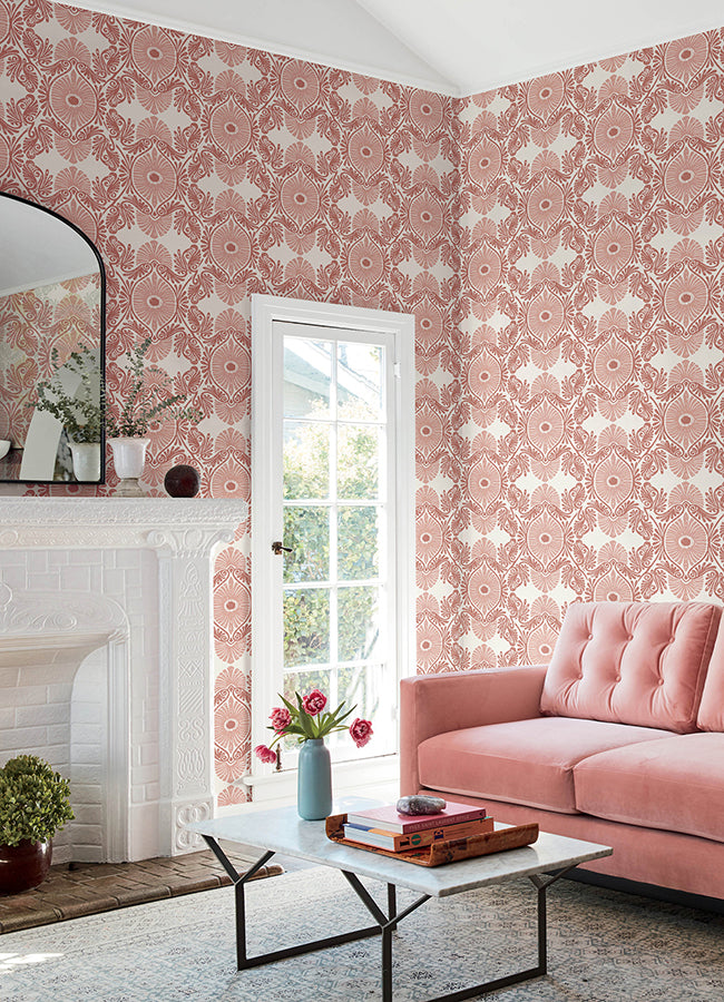 Villa Raspberry Embellished Ogee Wallpaper - Brewster Wallcovering