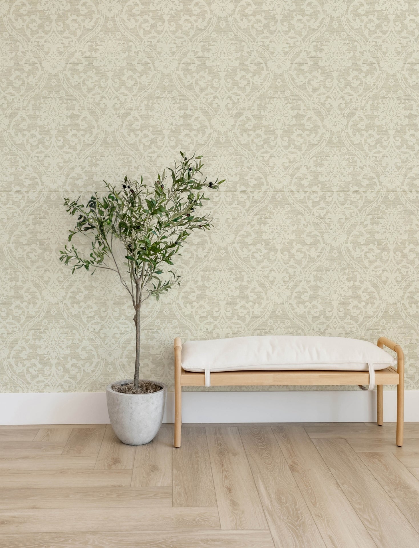 Evette Neutral Damask Wallpaper - Brewster Wallcovering