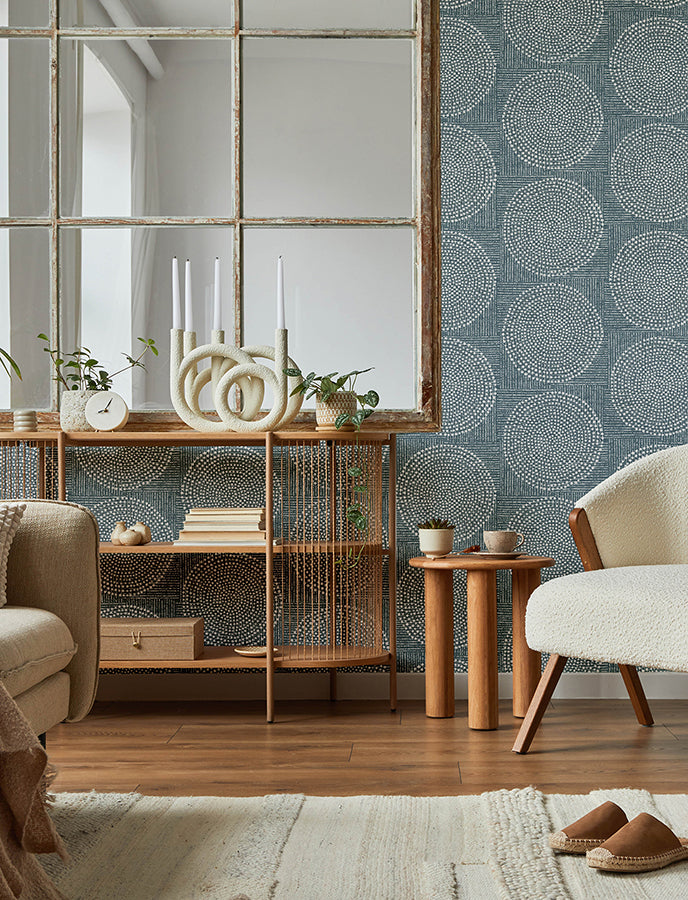 Salma Denim Medallion Wallpaper - Brewster Wallcovering