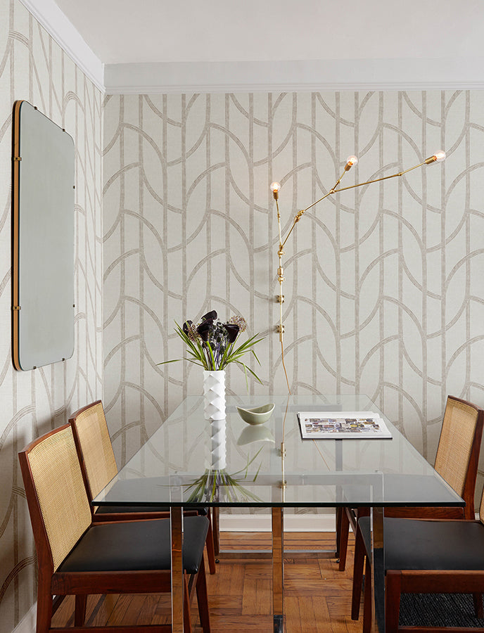 Harlow Champagne Curved Contours Wallpaper - Brewster Wallcovering