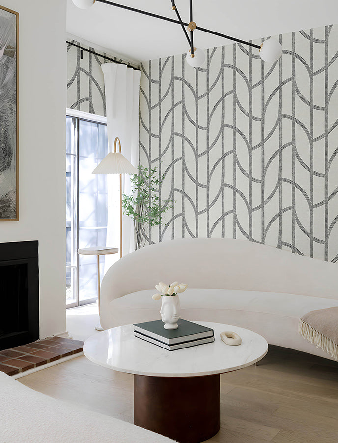 Harlow Black Curved Contours Wallpaper  | Brewster Wallcovering