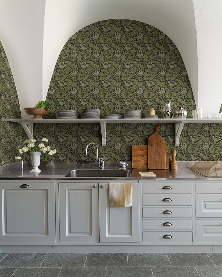 Anemone Dark Green Floral Trail Wallpaper - Brewster Wallcovering